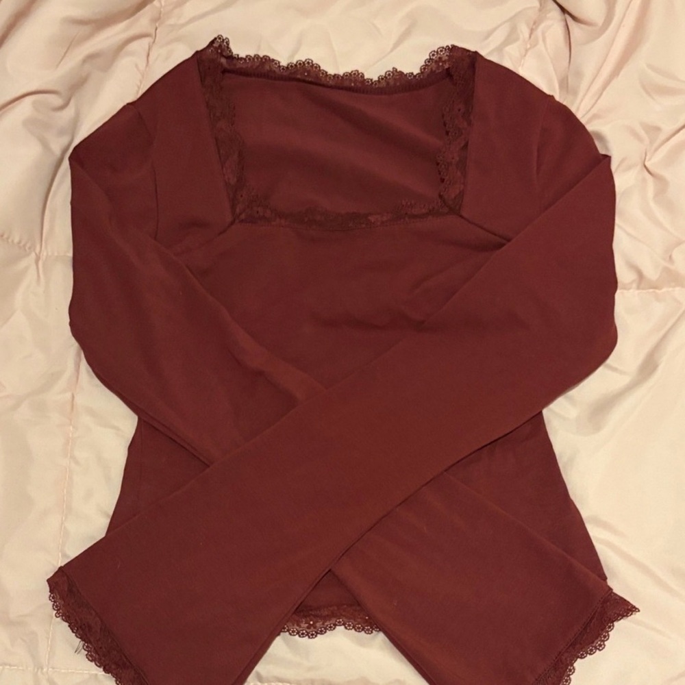 Lace Trim Square Neck Long Sleeve Top - Burgundy